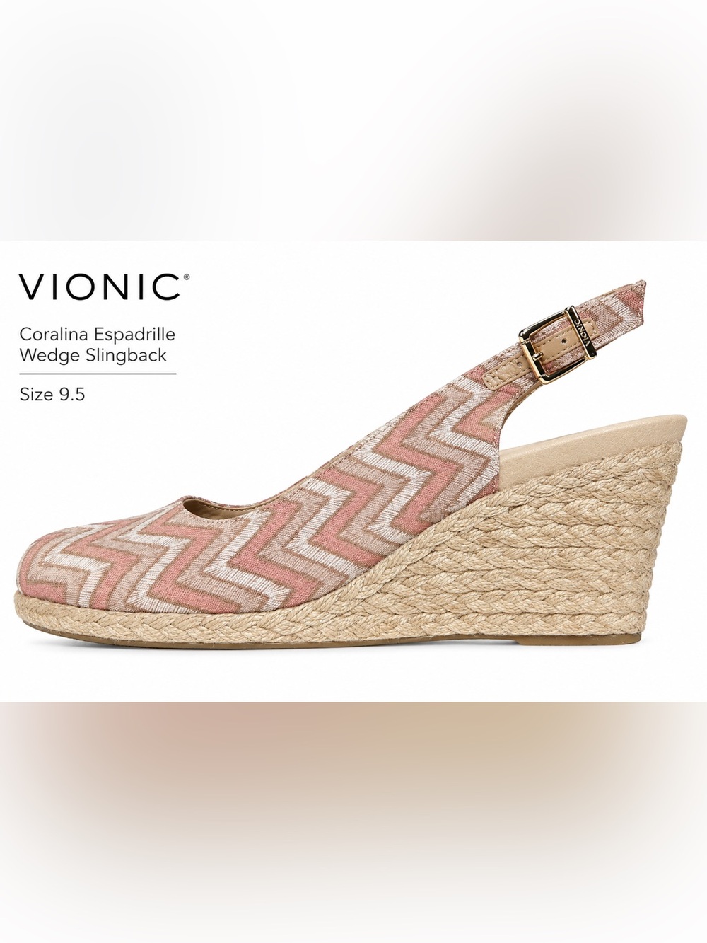 Vionic Coralina Espadrille Wedge Slingback Shoes Dusty Pink Chevron Size 9.5